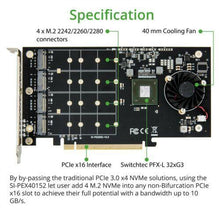 Load image into Gallery viewer, Controladora Quad M.2 M-key NVMe Slot PCIe 3.0 x16 Bifurcation Riser Controller Card Non-RAID - MFerraz Tecnologia
